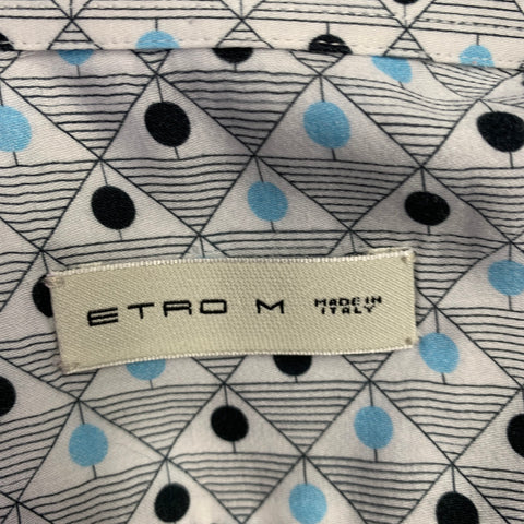ETRO Size M White Black Blue Abstract Short Sleeve Shirt