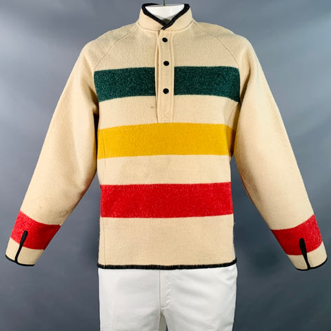WOOLRICH Vintage Taille L Beige Pull à Rayures Multicolores Semi-Patte de Boutonnage