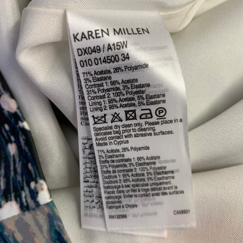 KAREN MILLEN Size 4 Black Green White Acetate Blend Abstract Mesh Sleeves Dress