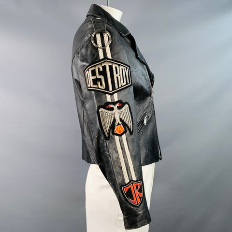 JOHN RICHMOND Vintage Size XL Black Silver Patches Leather Biker Jacket
