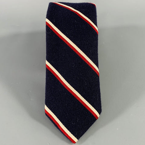 DRAKES LONDON Navy White & Red Diagonal Stripe Cotton Blend Tie