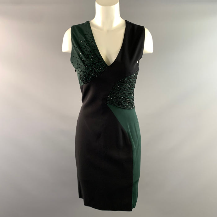 GIANNI VERSACE FW2018 Size 6 Black Green Viscose Blend Beaded V Neck Cocktail Dress
