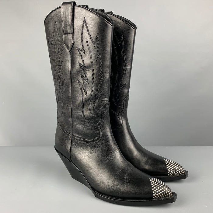 CELINE Botas occidentales de cuero con diamantes de imitación negros para hombre talla 8