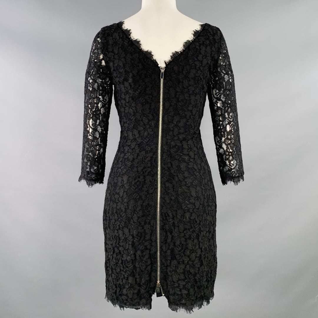 DIANE VON FURSTENBERG Size 4 Zarita Black Rayon Blend Lace Scoop Neck 3/4 Sleeves Dress Sui Generis Designer Consignment DIANE VON FURSTENBERG Size 4 Zarita Black Rayon Blend Lace Scoop Neck 3/4 Sleeves Dress Sui Generis Designer Consignment