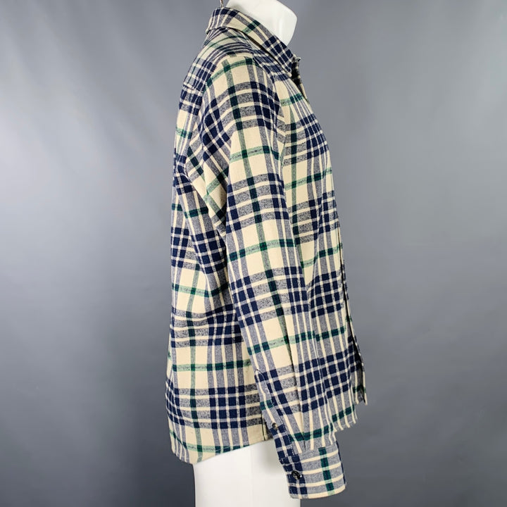 A.P.C. Size M Cream Navy Plaid Cotton Blend One Pocket Long Sleeve Shirt