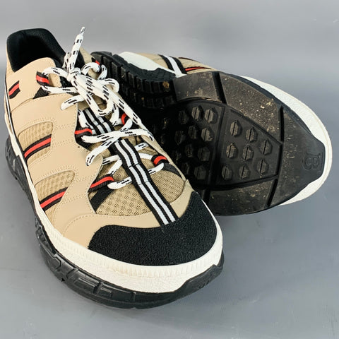 BURBERRY by RICARDO TISCI Size 12 Tan Black Red Stripe Mesh Low Top Sneakers