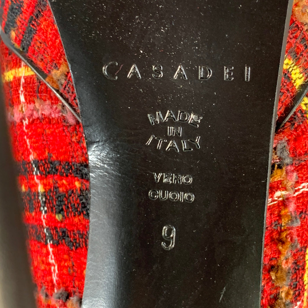 CASADEI Size 9 Red Black Yellow Tweed Plaid Leather Trim Platform Pumps