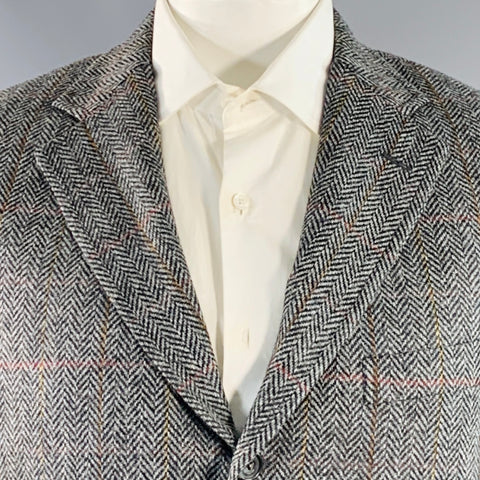 O'CONNELL'S Size 42 Long Grey Black Herringbone Wool Sport Coat