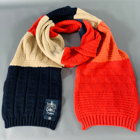 DRAKES LONDON Navy Beige Red Color Block Lambswool Knit Scarf