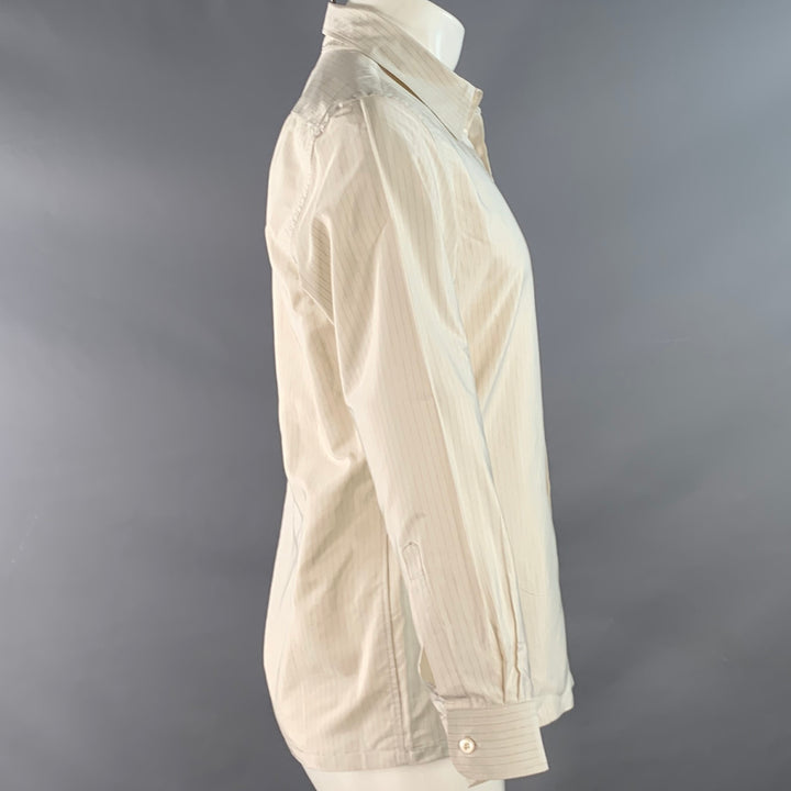 PRADA Size S White Beige Stripe Silk Curved Cutaway One Pocket Long Sleeve Shirt