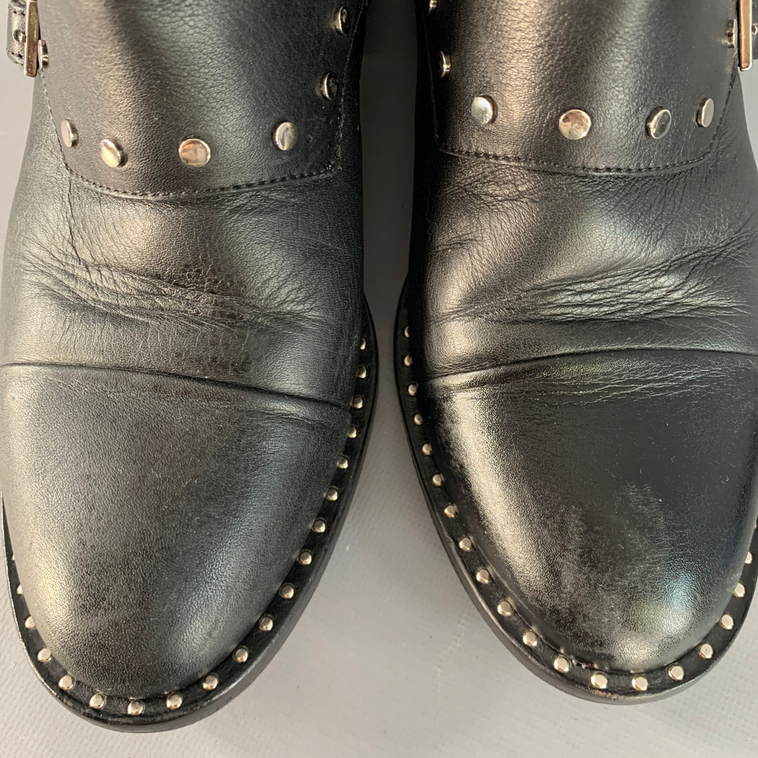 JIMMY CHOO Size 7.5 Black Leather Studded Belted Side Zipper Ankle Boots