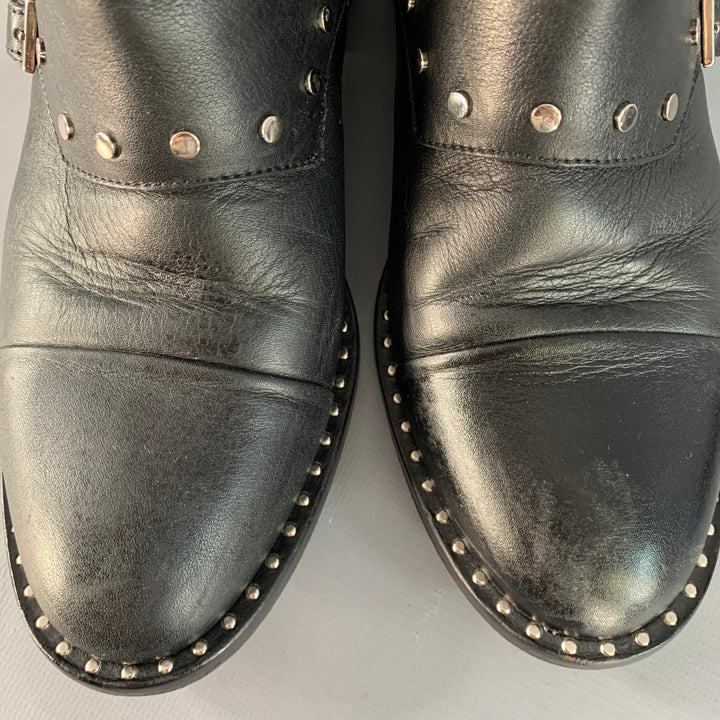 JIMMY CHOO Size 7.5 Black Leather Studded Belted Side Zipper Ankle Boots