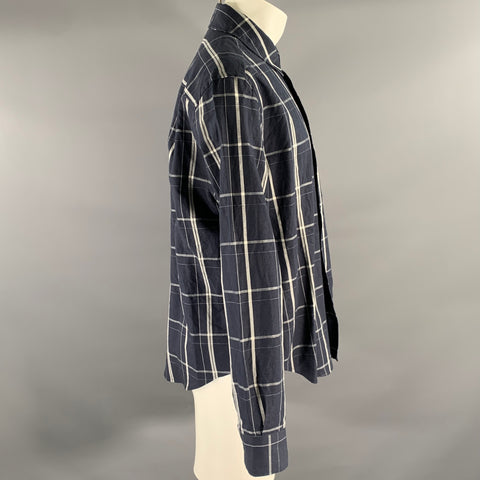 MARGARET HOWELL Size M White Navy Tartan Linen Cotton Wool Long Sleeve Shirt