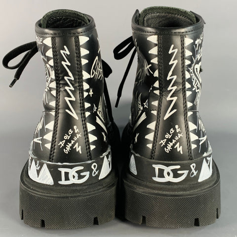 DOLCE & GABBANA Size 8 Black White Painted Chunky Lug Sole Combat Boots