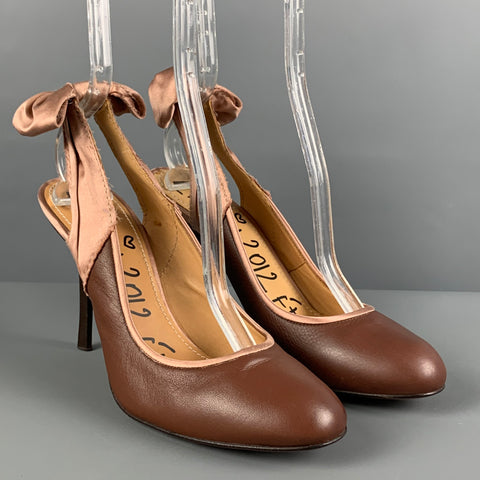 LANVIN Talla 9 Zapatos de tacón con tira trasera de satén de cuero rosa marrón