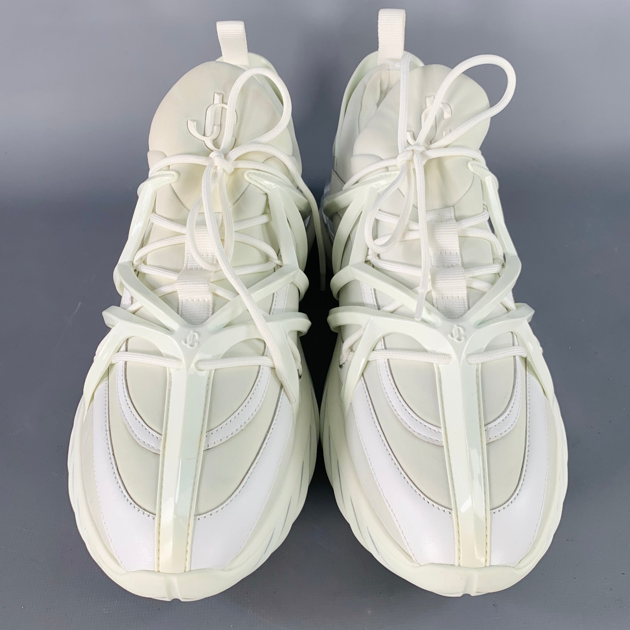 JIMMY CHOO Size 10 Cosmos White Silver Neoprene Lace Up Sneakers