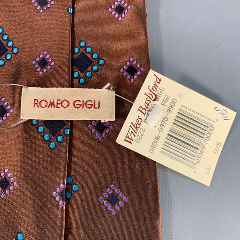 ROMEO GIGLI Vintage Brown Blue Purple Geometric Jacquard Silk Tie