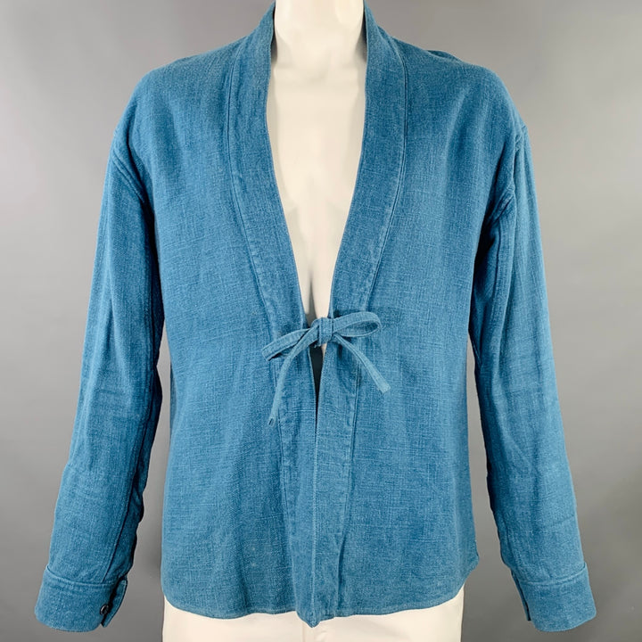 VISVIM Size XL Lhamo Blue Woven Rayon Linen Collarless Long Sleeve Shirt