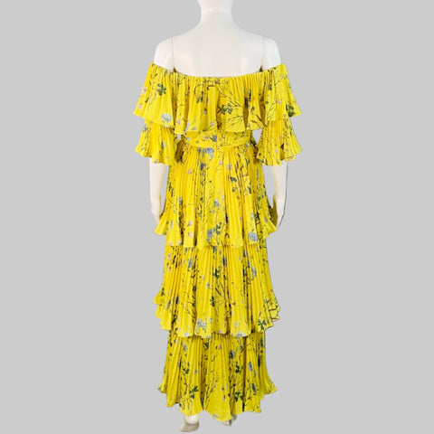 SELF-PORTRAIT Size 4 Yellow Blue Polyester Floral Pleated Off Shoulder Dress