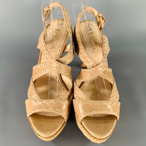 PRADA Size 11 Beige Taupe Leather Woven Espadrille Sandals