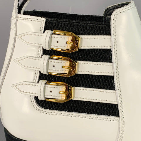 GUCCI Size 7.5 White Black Gold Leather Pointed Toe Pull On Ankle Boots