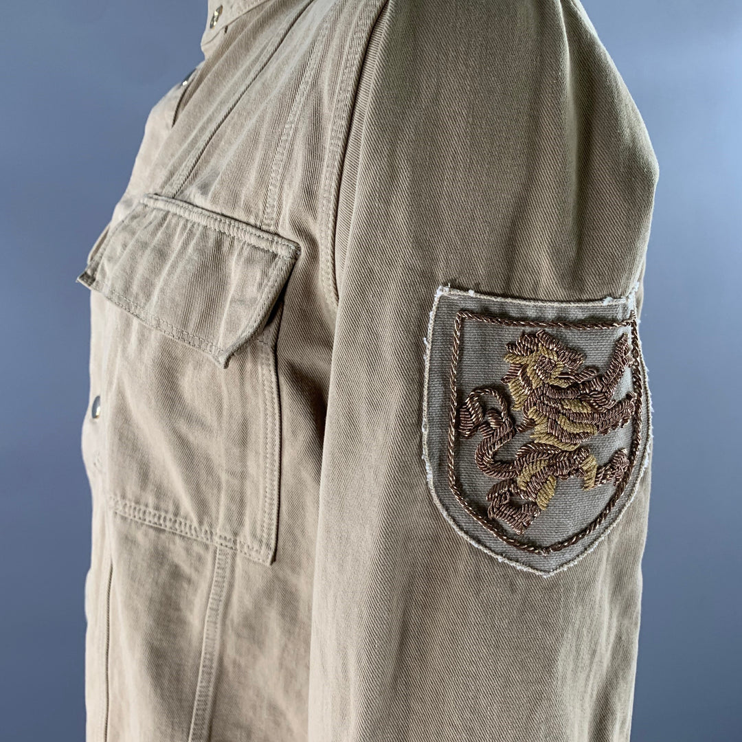 BALMAIN Size XL Khaki Arm Patch Cotton Band Collar Jacket