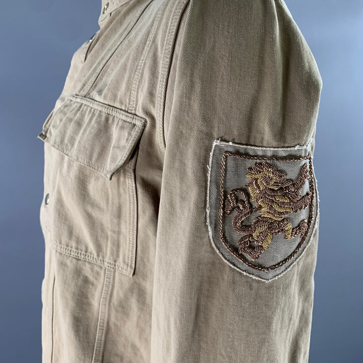 BALMAIN Size XL Khaki Arm Patch Cotton Band Collar Jacket