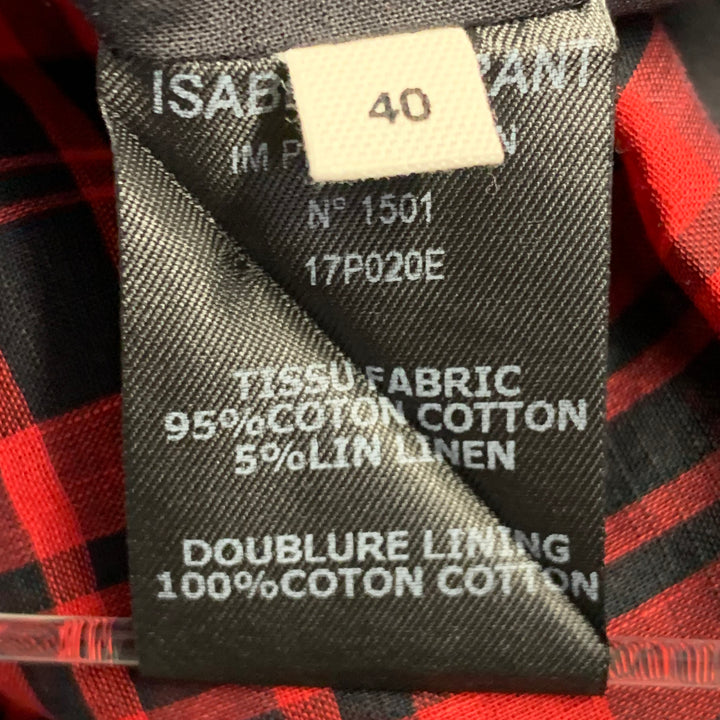 ISABEL MARANT ETOILE Size XS Red Black Cotton Linen Plaid Short Sleeve Ruched Dress