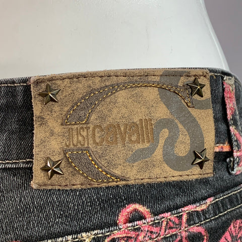 JUST CAVALLI Size 27 Grey Pink Gold Cotton Blend Abstract Tassels Jeans