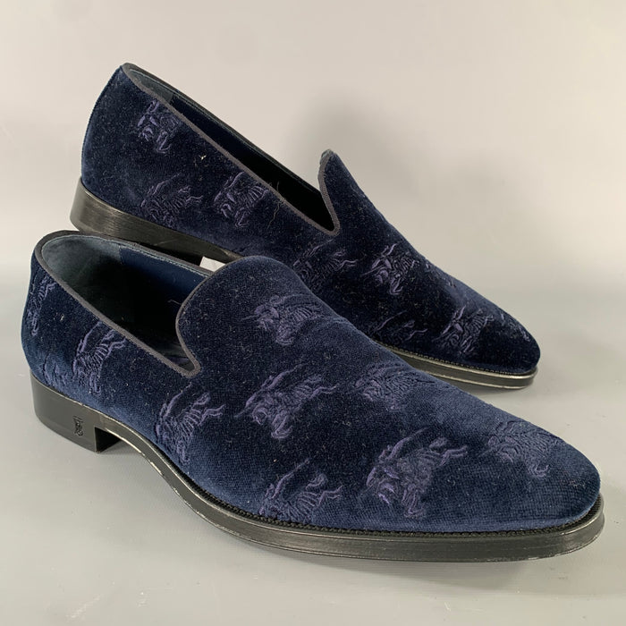 BURBERRY Size 9.5 Navy Monogram Velvet Slip On Loafers