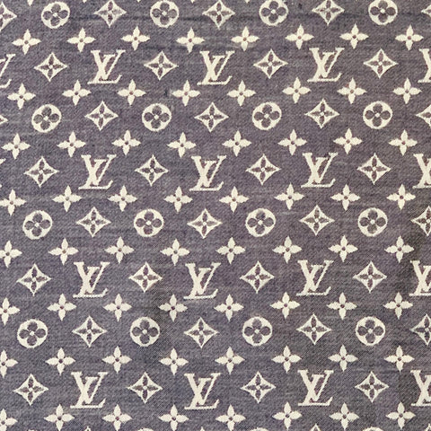 LOUIS VUITTON Blue Grey Monogram Silk Wool Square Fringe Scarf Shawl