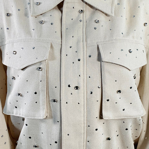 XU ZHI Size M Cream Silver Polyester Studded Zip Up Blouson Jacket