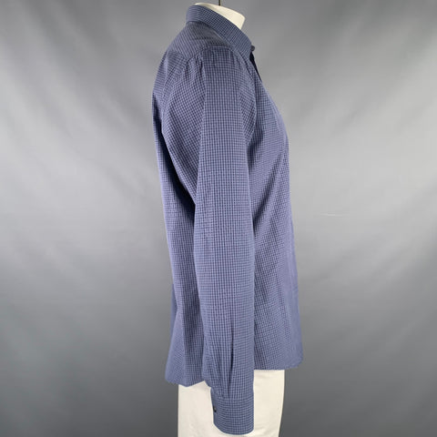 HERMES Size L Navy Blue Checkered Cotton Button Up Long Sleeve Shirt