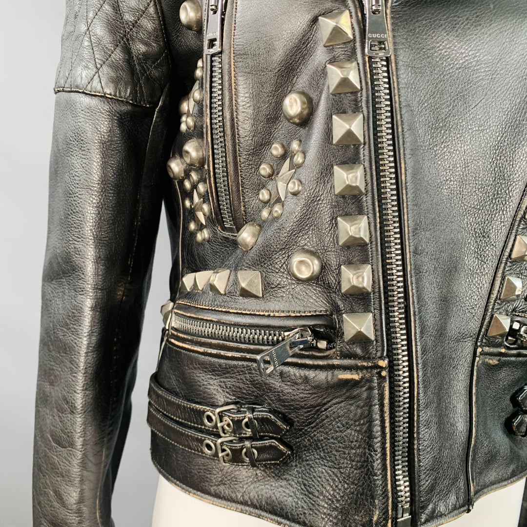GUCCI SS17 Size 6 Black Silver Leather Studded Biker Jacket