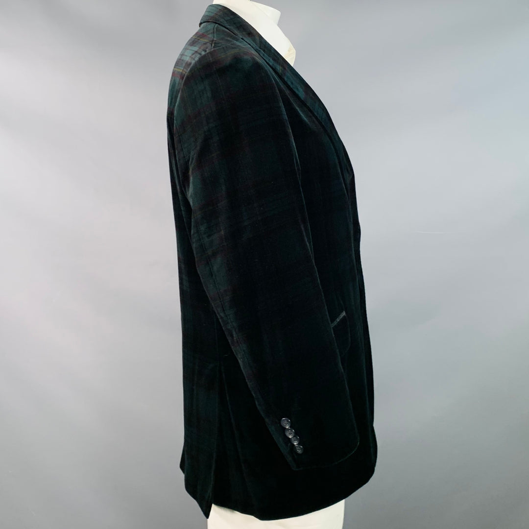 KROON Size 42 Long Green Red Plaid Cotton Velvet Peak Lapel Sport Coat