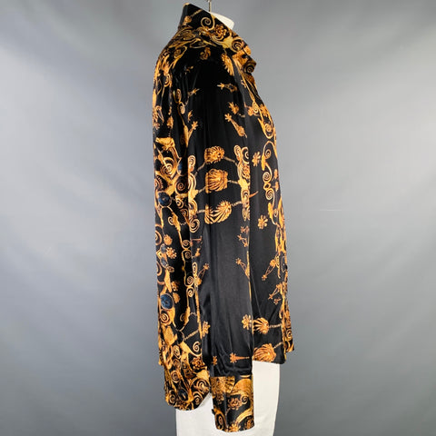 BILLIONAIRE COUTURE Size XL Black Gold Print Silk Long Sleeve Shirt