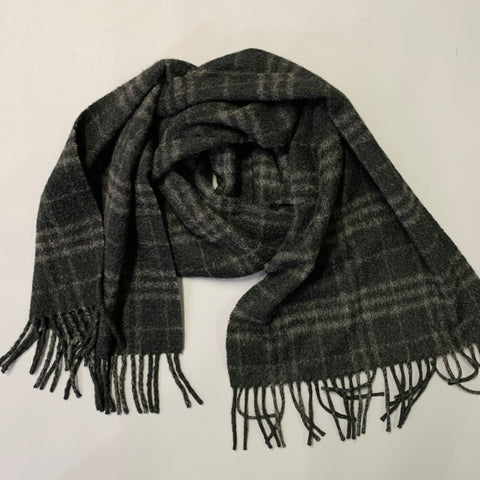 BURBERRY LONDON Grey Charcoal Plaid Cashmere Fringe Scarf