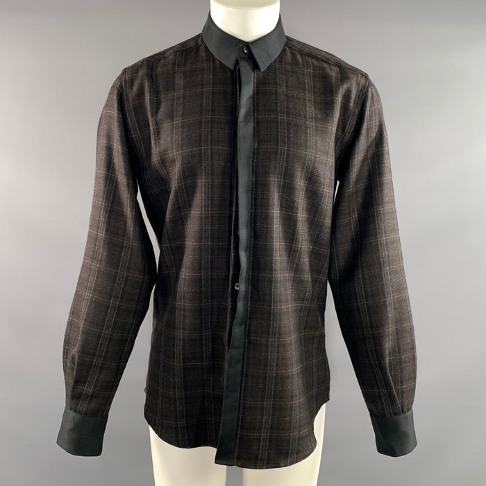 DOLCE & GABBANA Size M Black Brown Plaid Wool Silk Long Sleeve Shirt