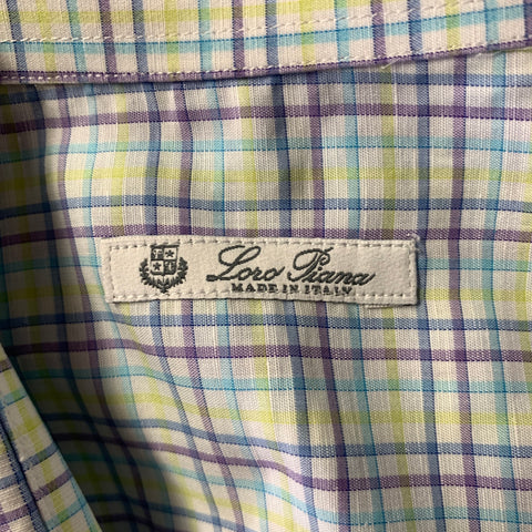 LORO PIANA Size XL White Purple Green Blue Plaid Long Sleeve Shirt