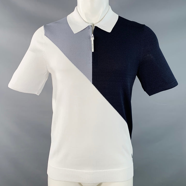REISS Size S White Blue Navy Color Block Wool Blend Jersey Zip Up Polo