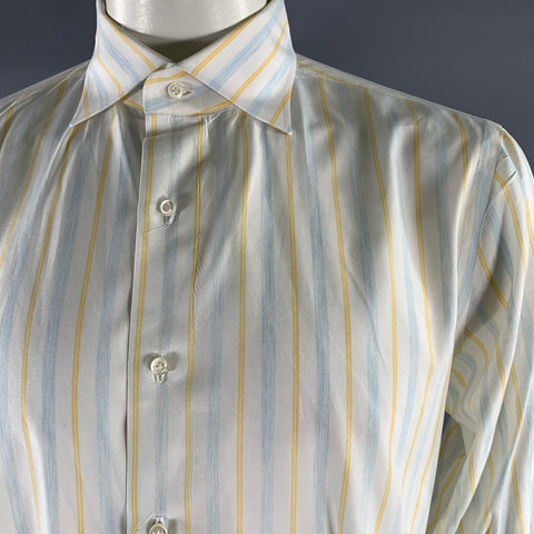 ISAIA Size XL White Blue Yellow Stripe Cotton Pointed Collar Long Sleeve Shirt