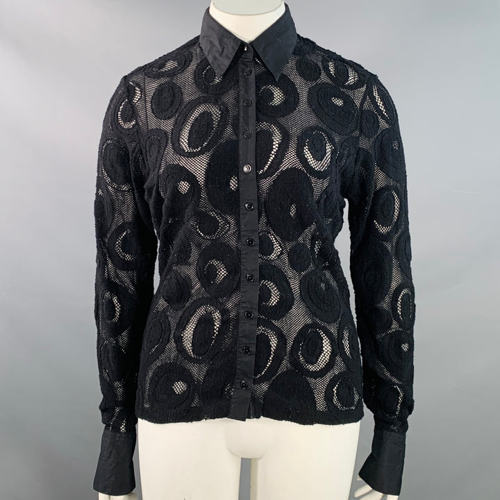 ANNE FONTAINE Size XL Prisme Black Polyamide Blend Mesh Button Up Blouse