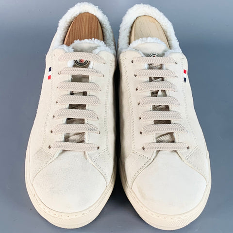 MONCLER Size 9 Beige Stone Suede Low Top Shearling Lined Lace-Up Sneakers