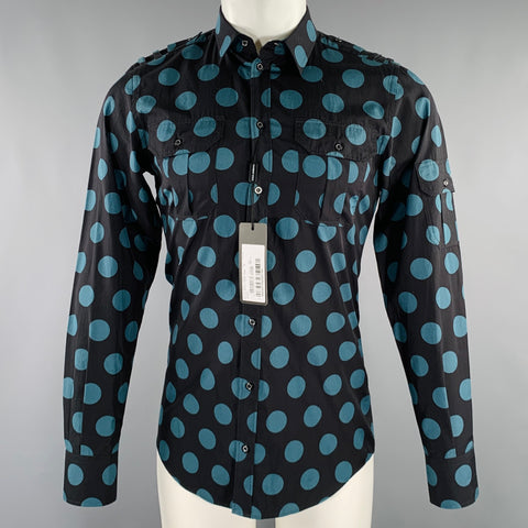 DOLCE & GABBANA Taille 38 Noir Pois Bleus Coton Épaules Chemise Manches Longues
