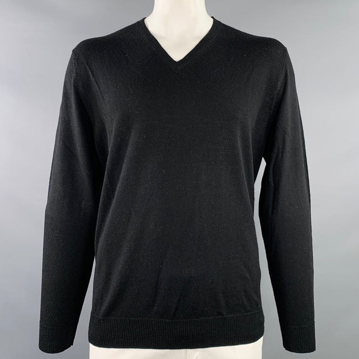 CALVIN KLEIN Size XL Black Merino Wool Knit V-Neck Pullover