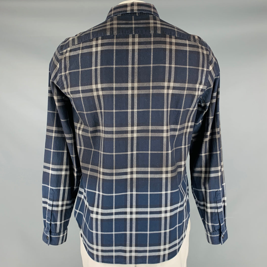 BURBERRY Size L Navy Grey Plaid Cotton Button Up Long Sleeve Shirt