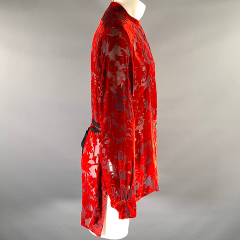 ANN DEMEULEMEESTER Size S Red Silk Blend Band Collar Long Sleeve Shirt