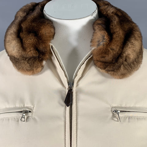 AGNONA Size 10 Cream Polyester Removable Fur Collar Zip Up Jacket