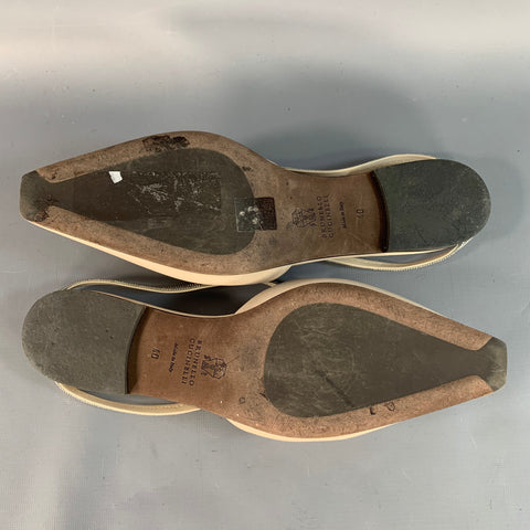 BRUNELLO CUCINELLI Size 10 Beige Silver Leather Monili Slip On Flats