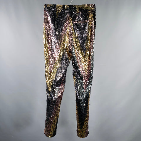 TOKYO JAMES Size 30 Silver Gold Sequined Polyester Jean Cut Dress Pants